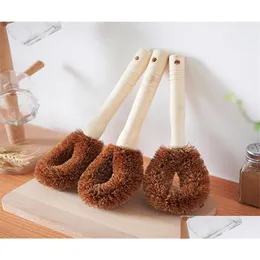 Rengöringsborstar Coconut Palm Pot Brush Wood Long Handle Kitchen Supplies Artefact Accessories8670151 Drop Delivery Home Garden Hous Dhnxp