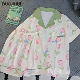 Home Clothing Duojihui Dwupoziomowe proste kwiatowe druk żeńskie setki piżamy letni szyk button kardigan podstawowy pres pres dla kobiet