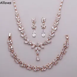 Luxus Roségold Kubik Zirkonia Braut Schmuck Tränen Ohrringe Silber Frauen Accessoires für Hochzeit Schmuckstücke Sets Ohrringe Halskette 177V