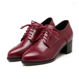 Dress Shoes Burgundy Black Color British Style Formal Office Career Lady Pumps Lace-up Square Chunky High Heels Oxfords Women Brogues