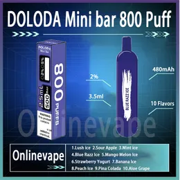 Original Doloda Mini Bar 800 Puff Einweg -Zigaretten 1,2OHM Mesh Coil 3,5 ml Pod 480 mAh Batterie Puff 800 2% Vape Pen Kit