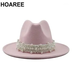 Chapéus de jazz rosa fedora fedora women pérola chapéu chapéu branco elegante damas lã Panamá trilby partido formal tap 5861cm12906162