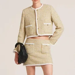 Work Dresses Autumn Winter Conjuntos Para Mujeres 2 Piezas Korean Fashion Yellow Plaid Tweed Jacket And Mini Skirts Two Piece Sets For Women