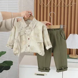 Kläderuppsättningar 2024 Spring Baby Boy Clothes 2 till 3 år Tracksuit Set For Child Child Chinese Style Cartoon Long Sleeve Shirts and Pants Boys