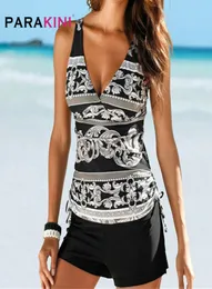 PARAKINI Two Piece Swimwear Women Plus Size Tankini Swimsuits with Shorts V neck Tankinis Set Swim Wear Black Print Bathing Suit2283092