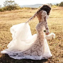 Сексуальное обнаженное и слоновая русалка свадебное платье полное кружевное аппликации чистые пуговицы с длинным рукавом.