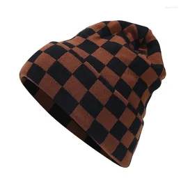 Berets LDSLYJR Autumn Winter Cotton Plaid Print Thicken Knitted Hat Warm Skullies Cap Beanie For Men And Women 13