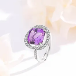 Klusterringar Euro-American Style Amethyst Sugar Ring for Ladies S925 Sterling Silver Micro-Inset Zircon Party Gift
