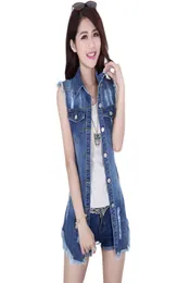 Whole2015 SOMMER NEUE DENIM DENIM VEST COREAN STYLE Women Ärmelloses Long Jeans Westen Jacke lässig Frau Cowboy Kleidung Big 9332396