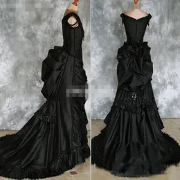 Schwarze gotische Hochzeitskleider 2018 OFF Schulterrüschen Kristalle Satin Kapelle Zug Kostüm Kleid Spitze Victorian Brautkleider Custom Mad 235s