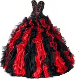 2022 Suknia balowa czerwona i czarna słodka 16 quinceanera Dress Gold Appliques Formalne suknia imprezowa Vestidos de 16 anos QC1262 2790