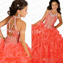 Girls Pageant Dresses Lingous Halter Neck With Rhinestones Watermelon Ruffles Organza Ritzee Girls Party Ball Vestres 325m