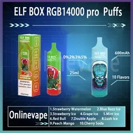 Elf Box RGB14000 Pro Puff Disponível E Cigarros 25ml POD 600 mAh Bateria 10 sabores CIGs eletrônicos recarregáveis 0% 2% 3% 5 Pushs 14k Vape Bar