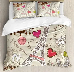 Set di biancheria da letto paris copripiumino set doodles illustrazione di eiffel tower cuori lampadario fiore amore a tema letto decorativo vintage