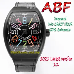 ABF New Crazy Hour Vanguard CZ02 Automatic Mechanical 3D Art Deco Aribic Dial V45 Mens Watch Pvd Black Steel Case Leather Watc 303T