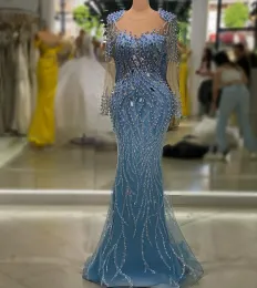 ASO EBI Sky Blue Mermaid Dress Pearls Crystals Evening Formal impreza Druga recepcja urodzinowe suknie zaręczynowe sukienki szat de soiree BC18831
