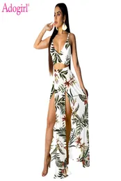 Adogirl Floral Print Two Piece Set Women Summer Beach Dress Spaghetti Straps Crop Top High Slit Maxi kjol med trosor Suit1214209