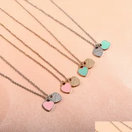 Colares de pingentes de moda de moda rosa/azul colar de coração duplo para mulheres meninas de luxo em aço inoxidável amizade fine jewelr dhjgv