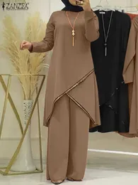 Etnik Giyim Zanzea Kadın Moda Eşleştirme Setleri Müslüman Pullar Vintage İslami Giyim Uzun Slve Blon Abaya Takım Urban Tracksuit 2pcs T240510
