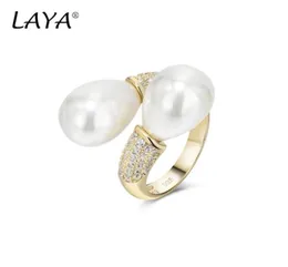 Laya Fashion Double Pearl com pedras laterais Ring Women039s Engajamento 925 Presente de aniversário da festa de prata esterlina High4061330566