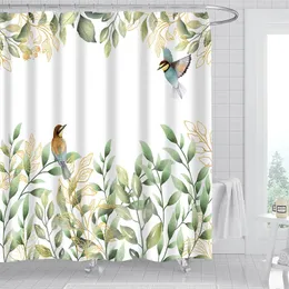Duschvorhänge 1/4PCS Grüne Blätter Vogelmuster Vorhang Set Polyester mit Haken Heimbad für Badezimmerdekora