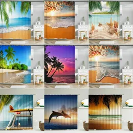 Duschvorhänge Seaside Sea Beach Sonnenuntergang Dusk Landschaft Print Vorhang Badezimmer Stoff wasserdichtes Polyesterbad mit Haken