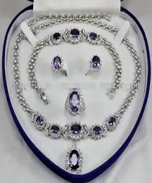 BeautifulAmethyst Inlay Link Bracelet earrings Ring Necklace Set6077722