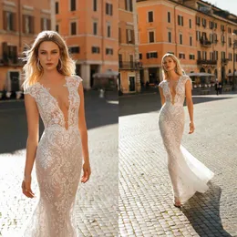 2019 Berta Mermaid Wedding Dresses Deep V NeckPhecked Lace Floor Length Beach Wedding Dress Sexy Custom Made Boho Vestidos de Novia 266s