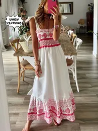 2023 Summer New Womens Stampa in pizzo dolce elastico elastico elegante abito in stile resort da spiaggia da spiaggia lungo 240509