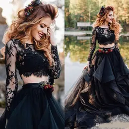 Czarna suknia ślubna 2020 Długie rękaw Seksowne sukienki dla nowożeńców Gotycka dwa kawałki Vintage warstunk