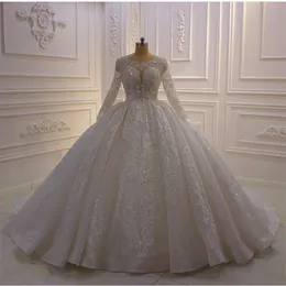 2021 Glitter Ball Gown Wedding Dresses Jewel Neck Long Sleeve Luxury Lace Appliques Bridal Gowns Plus Size Wedding Dress robes de marie 258S