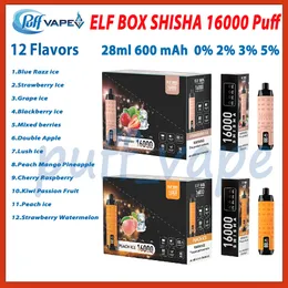 Elf Box Shisha 16000 sbuffi e sigarette usa e getta coil 28 ml POD pre-riempita 600 mAh Batteria Electronic Cigs 0% 2% 3% 5% Livello sbuffi 16k VAPE Penna