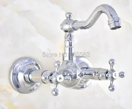 Bathroom Sink Faucets Polished Chrome Brass Wall Mounted Double Handle Swivel Basin Faucet Vanity Mixer Tap Lnf583