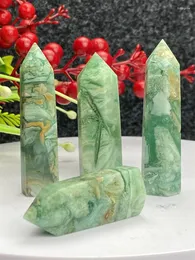 Estatuetas decorativas de cristal verde natural de seis lados obelisco de reiki reiki varinha de massagem afasta da fortuna aquário da fortuna decoração