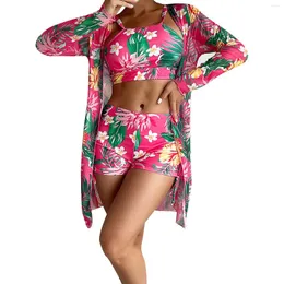 Kvinnors badkläder baddräkt 3 -stycken Coconut Print Stretch String Bikini Set Long Sleeve Beach Leopard Women Plus Size