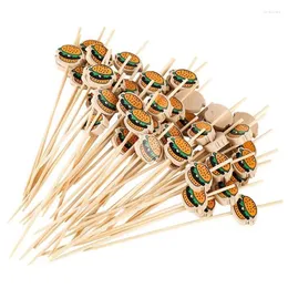 Widelce 100pcs jednorazowe bambusowe patyki Hamburg ozdobioną szaszłyki owocowe przekąskę owocową