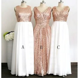 2018 Rose Gold Sequin Top White Chiffon Skirt Long Cheap Bridesmaids Dresses V neck Jewel Style Ruched For Wedding Country Prom Formal 284S