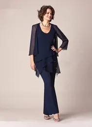 Dark Navy Chiffon Three Pieces Mother of the Bride Pant Suits Jackets Trousers 3/4 Long Sleeves Wedding Party Evening Groom Gowns