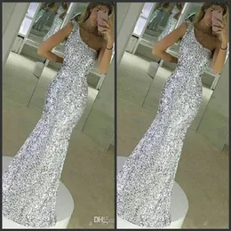 2021 Novo brilho Sparkle Bling Silver Prom Dresses Liginas Longa sereia sem mangas um ombro no chão