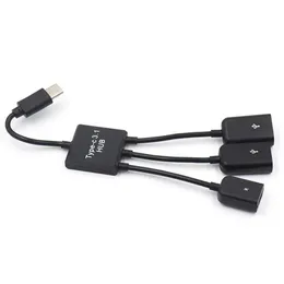 3 I 1 Micro USB Hub Man till Female Double USB 2.0 Host OTG Adapter Cable Converter Extender Universal for Mobile Phones Black