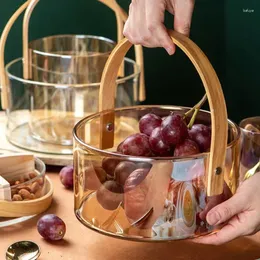 Teller Nordic Glass Obst Teller transparent Eiseimer Salat Schüssel Haus verwenden Aufbewahrungskorb mit Holzgriff