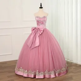 2019 Princess Pink Crystal Appliques Ball Hown платья Quinceanera Bow Sequin Sweet 16 Debutante 15 -летнее формальное платье для вечеринок BQ1 180J