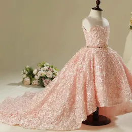 2019 Cute Rink Lace Hi Low Flower Girls Dresses Jewel Ball vestido com faixa Gilrs vestido de concurso Primeira comunhão 240a