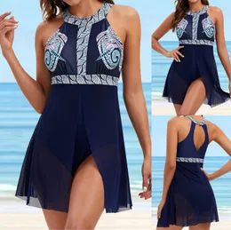 Women Vintage Printed Beachwear Fashion Casual Halter Split Beah Dress Swimwear Transparent Mesh Cover Ups Bathing Suits