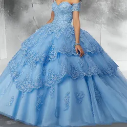Light Sky Blue Modest Lace Ball Gown Quinceanera Prom Dresses paljetter Applique Tulle Off the Shoulder Formal Party Sweet 16 Dress 2856