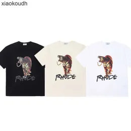 Trend için Rhude High End Tasarımcı T-Shirts Tiger High Street Hip Hop Gündelik çok yönlü pamuklu Çift Kısa Kollu T-Shirt Erkek Moda 1: 1 Orijinal Etiketler