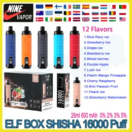 Elf Box Shisha 16000 Puff Poft Disponível Vape Pen 28ml PRESENTE PRETO PRETO CHUGS CIGS ELETRONHO DE BATERAGEM DE CIGS 16K 0% 2% 3% 5% e cigarros