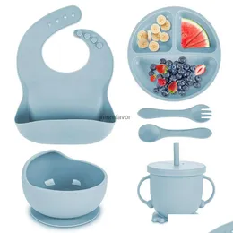 Tazze di piatti utensili nuovi bambini set di stoviglie sile da 6 peps ciotola petto di pettorale cucchiaio forche