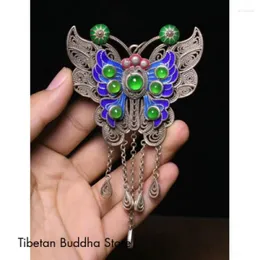 Decorative Figurines 12CM Old Tibet Miao Silver Filigree Inlay Green Jade Butterfly Amulet Pendant