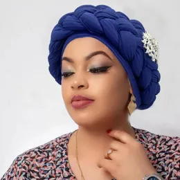 Etniska kläder diamanter Flower Deco African Head Wraps Soft Headscarf Bonnet Nigeria Headtie 2024 Dubbel flätad Halo Turban Cap för kvinnor
